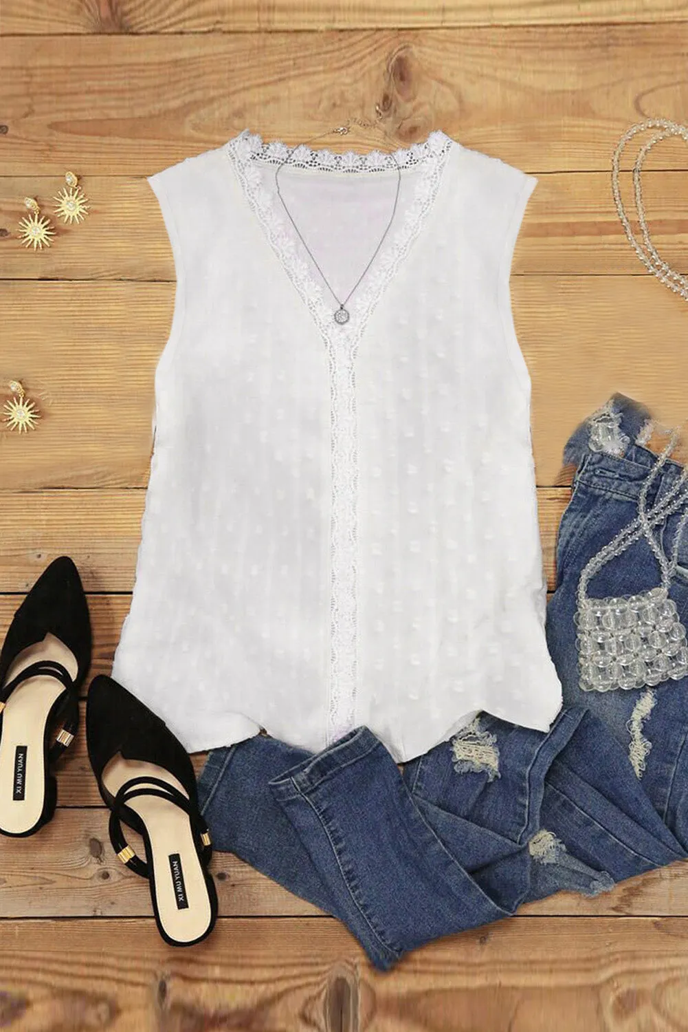 Textured Swiss Dot V Neck Lace Tank Top