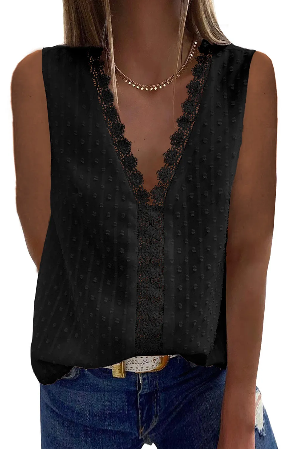 Textured Swiss Dot V Neck Lace Tank Top