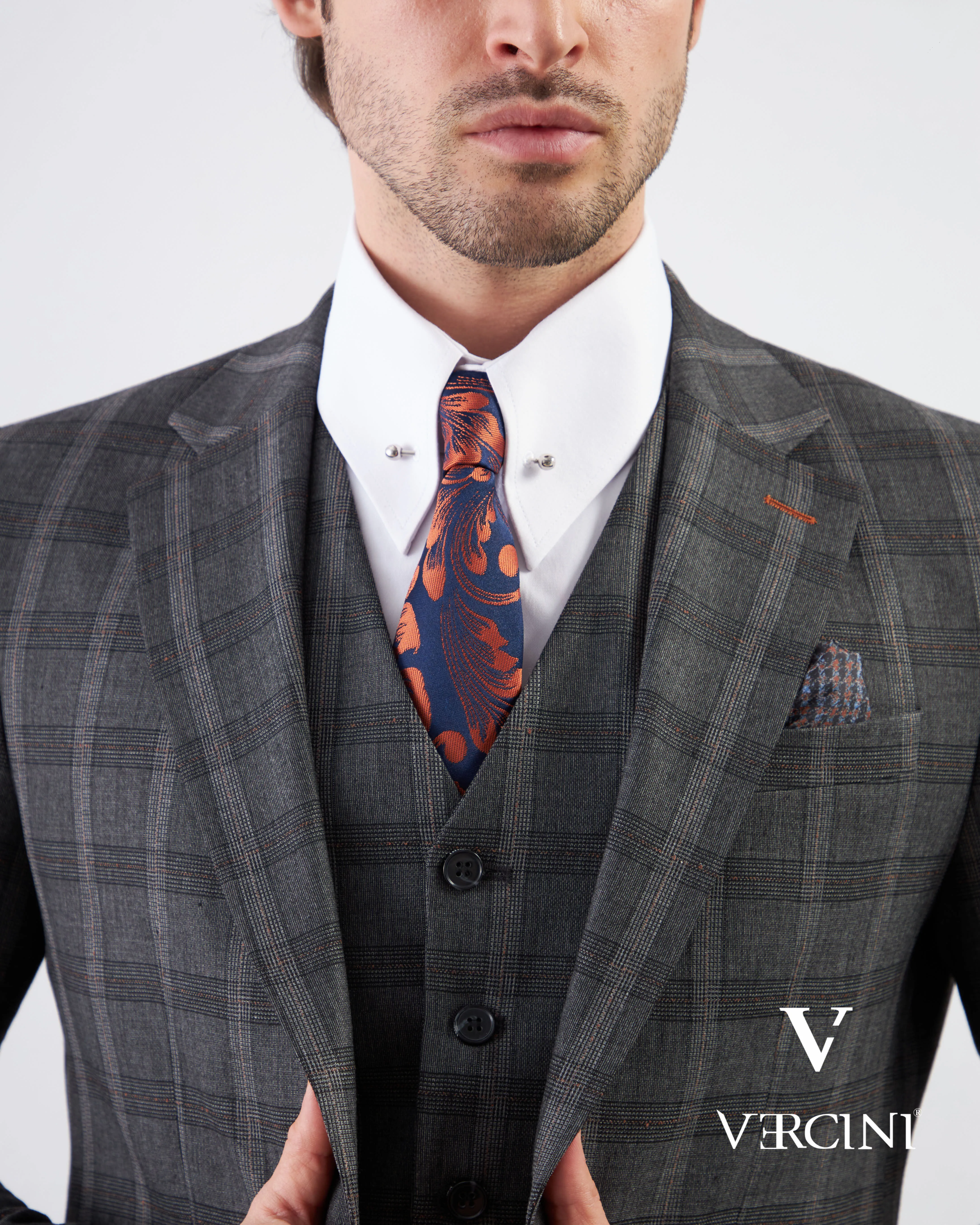 Vercini Charcoal Checkerboard Elegance Three-Piece Men's Suit