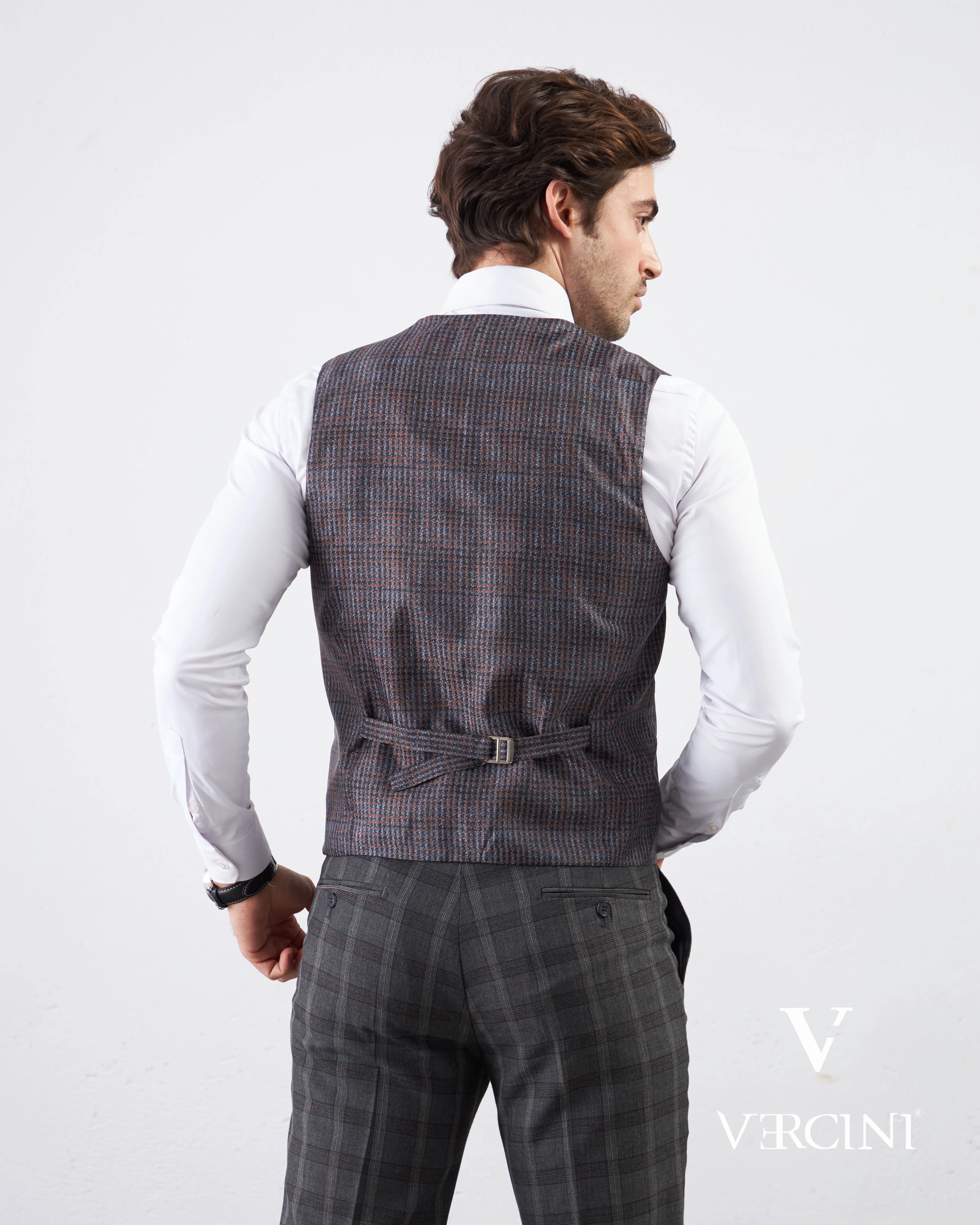 Vercini Charcoal Checkerboard Elegance Three-Piece Men's Suit