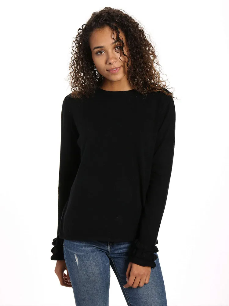 Women's 100% Cashmere Crew Neck Sweater with Ruffle Sleeve