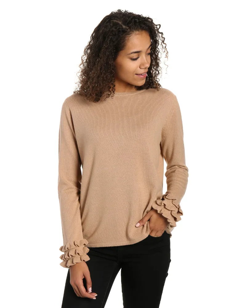 Women's 100% Cashmere Crew Neck Sweater with Ruffle Sleeve