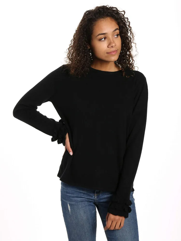 Women's 100% Cashmere Crew Neck Sweater with Ruffle Sleeve