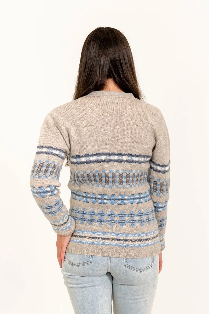 Womens Craigievar V-neck Fair isle Cardigan - Beige Blue