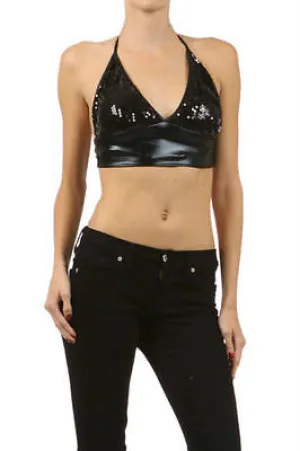 Womens Crop Top Sequin Shiny Metallic Lame Sparkling Sexy Club